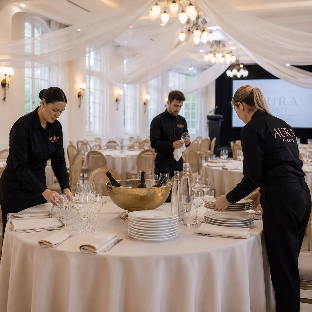 Aura Events Service-Team bei der Umsetzung eines individuellen Eventkonzepts in der Veranstaltungslocation