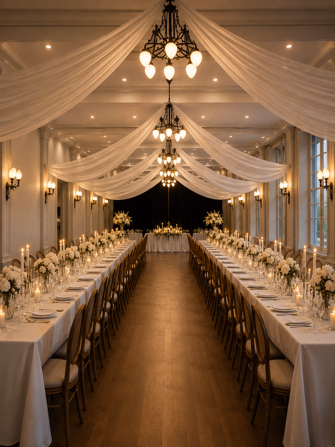 Festlich gedeckte Aura Events Location mit langen Tafeln und warmer Lichtstimmung