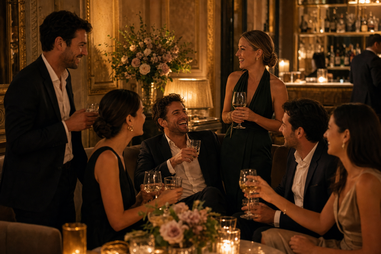 Private Dinner-Tafel mit Gästen, Drinks und warmer Abendstimmung