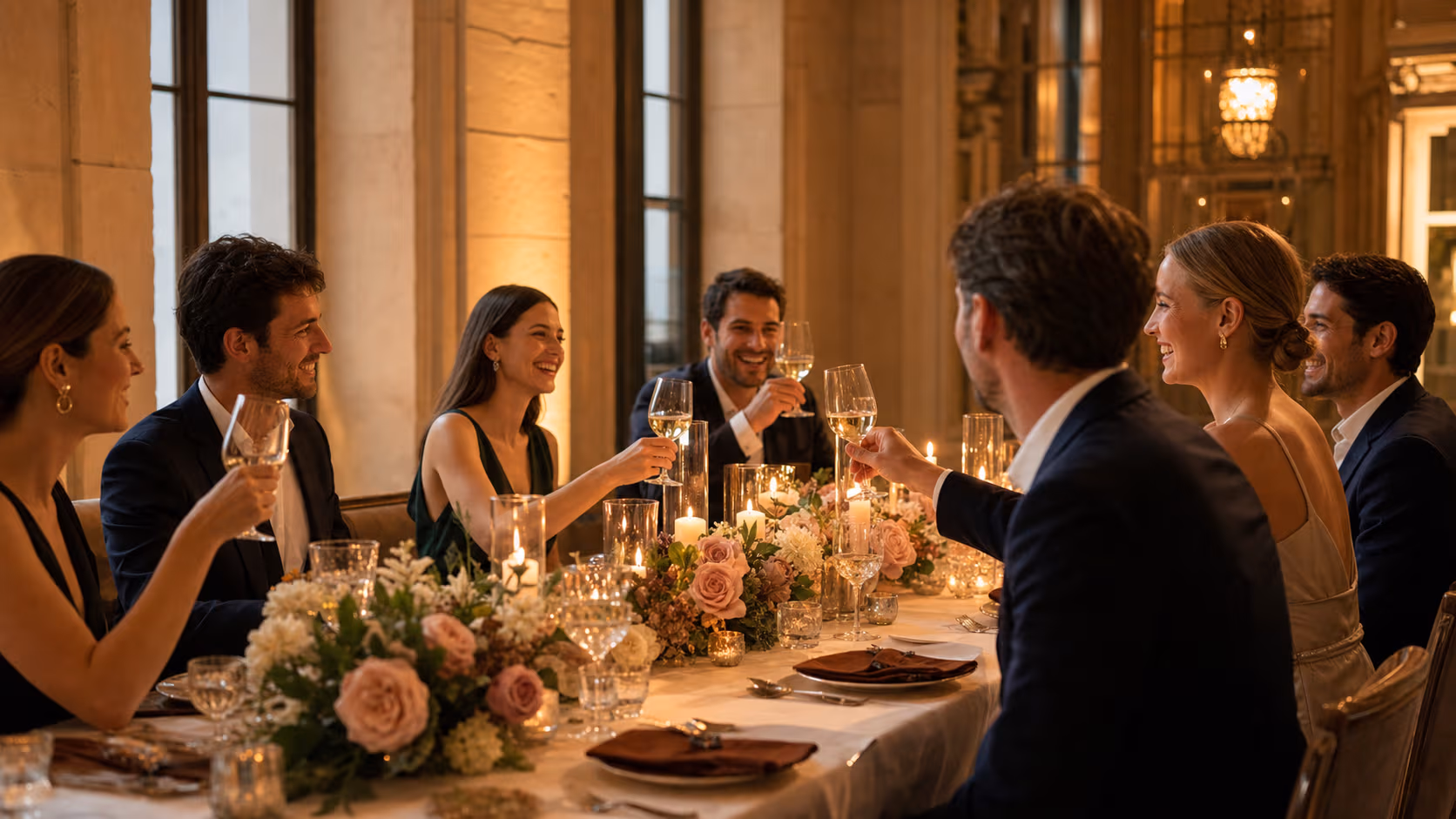 Besonderer privater Anlass mit gedeckter Tafel, Kerzen und warmer Atmosphäre