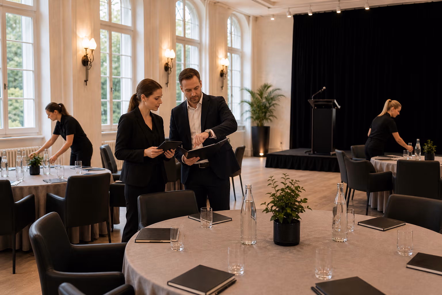 Serviceleitung koordiniert eine professionelle Firmenveranstaltung